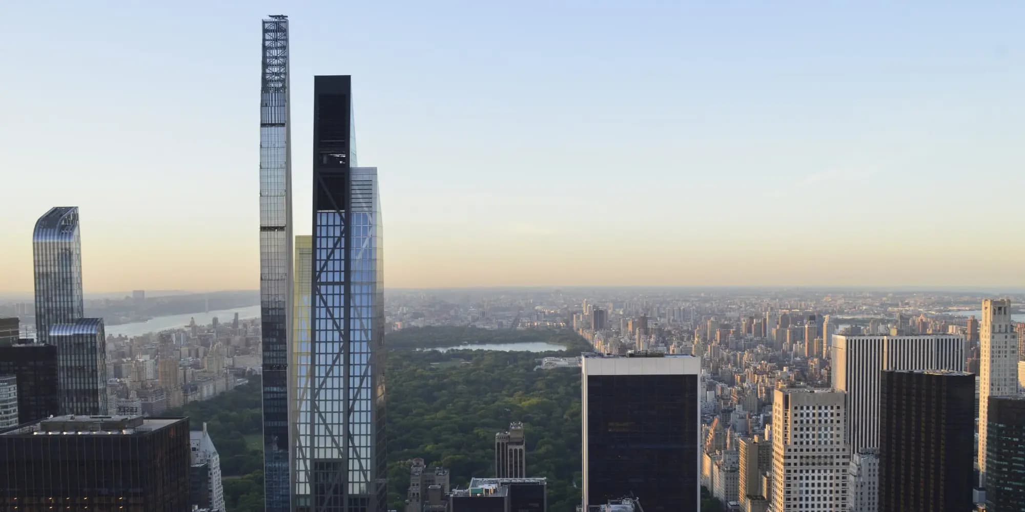 City skyline at sunset with slender towers